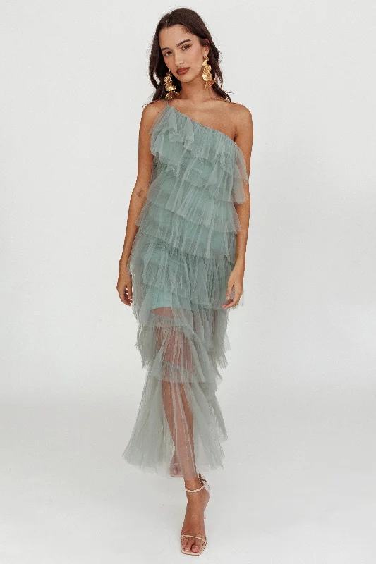 Arrabel Tiered Ruffle Tulle Maxi Dress Sage