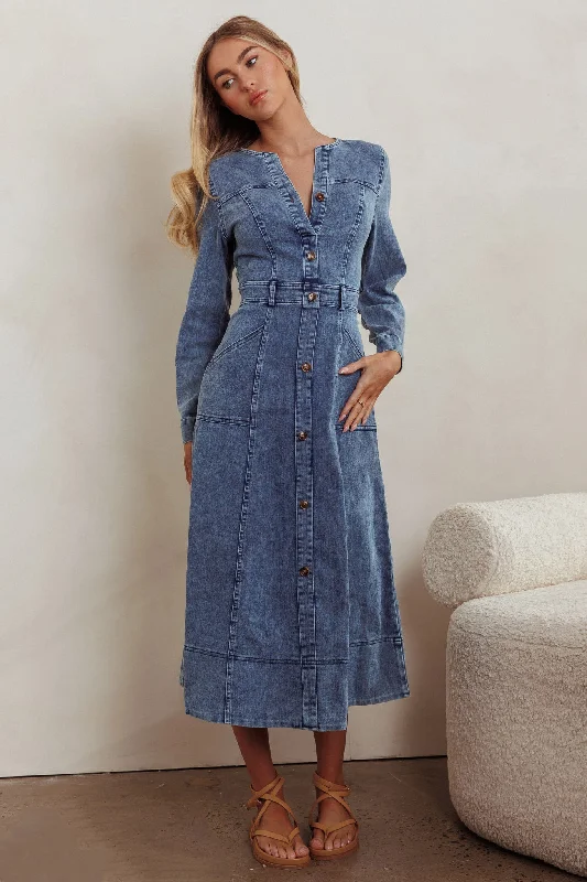 Aspen Love Front Pocket Midi Dress Denim Blue