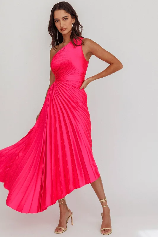 Brooklynn One-Shoulder Accordion Pleat Satin Midi Dress Fuchsia