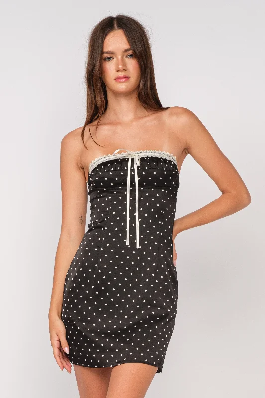 Harper Black Dot Ribbon Trim Strapless Mini Dress