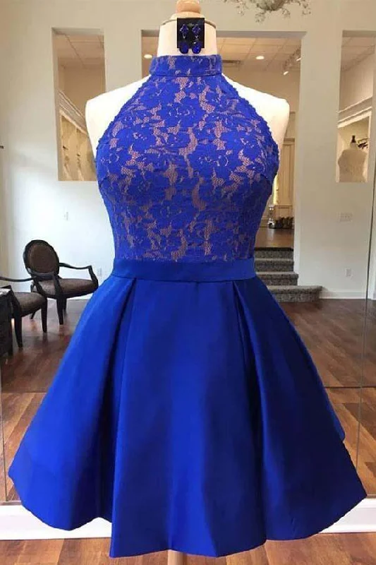 Royal Blue Halter Satin Short Prom Dresses Homecoming Dresses  PD161