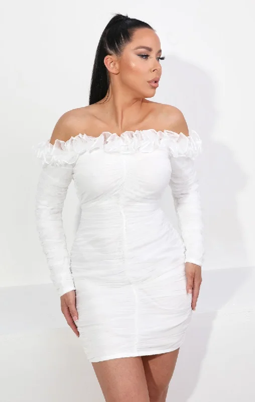 White Mesh Bardot Long Sleeve Ruffle Detail Bodycon Mini Dress - Estella