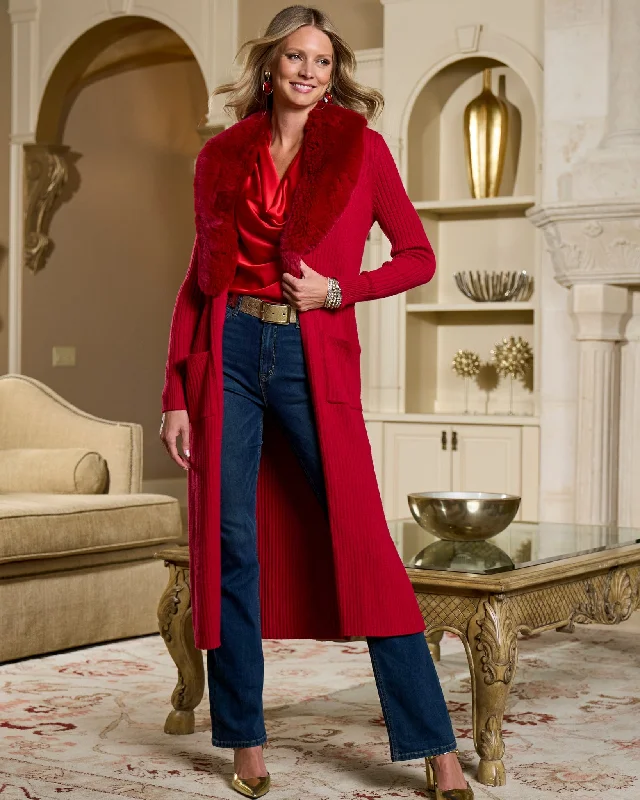 Faux Fur Collar Ribbed Long Cardigan Jester Red