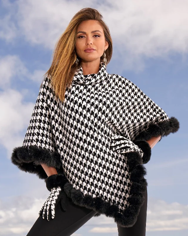 Faux Fur Trim Houndstooth Sweater Poncho Black White