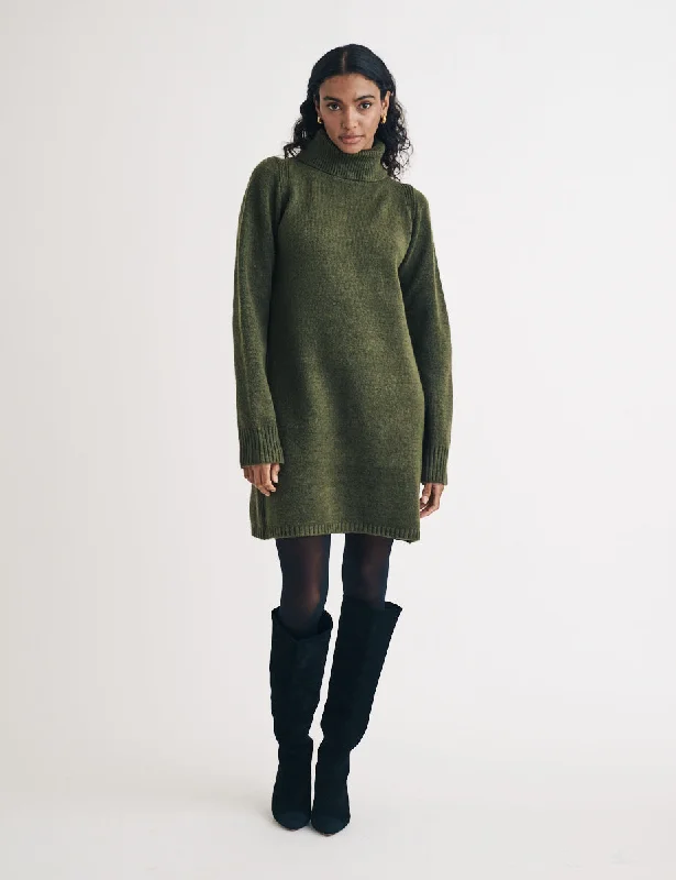 Green Knitted Roll Neck Mini Jumper Dress